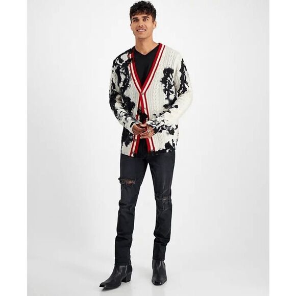 INC International Concepts Men's Cashmere Dye-Splattered Cardigan - White XL - Picture 1 of 7